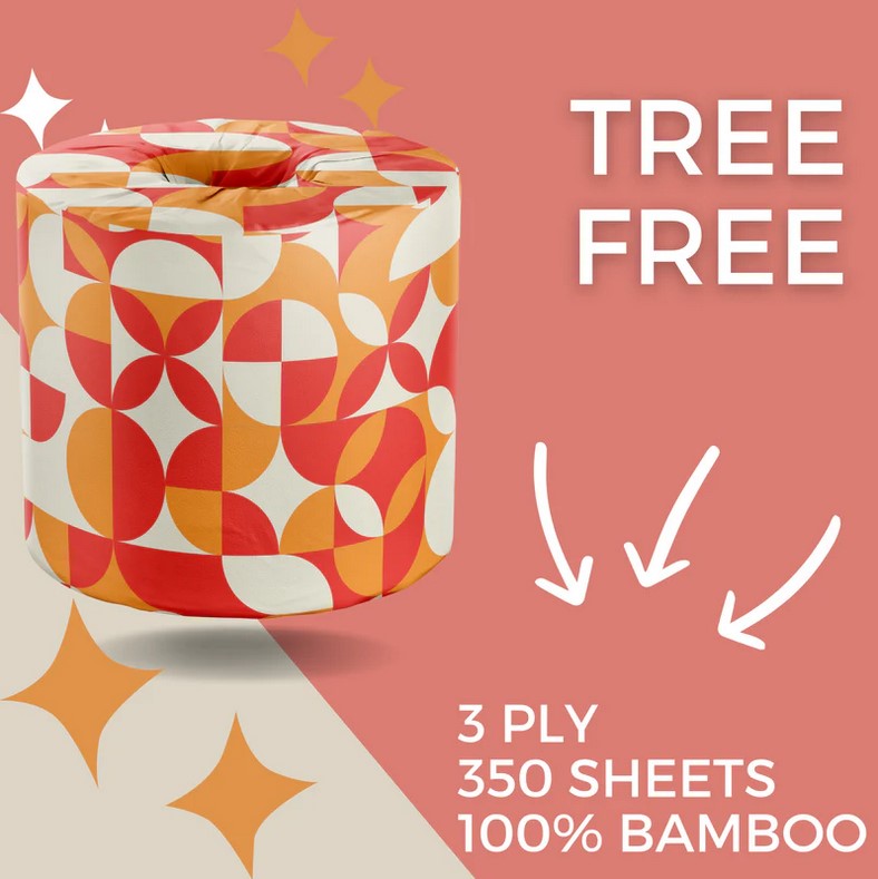 Tree-free bamboo toilet paper roll with red and orange retro geometric wrap – 3 ply, 350 sheets, sustainable and plastic-free alternative.