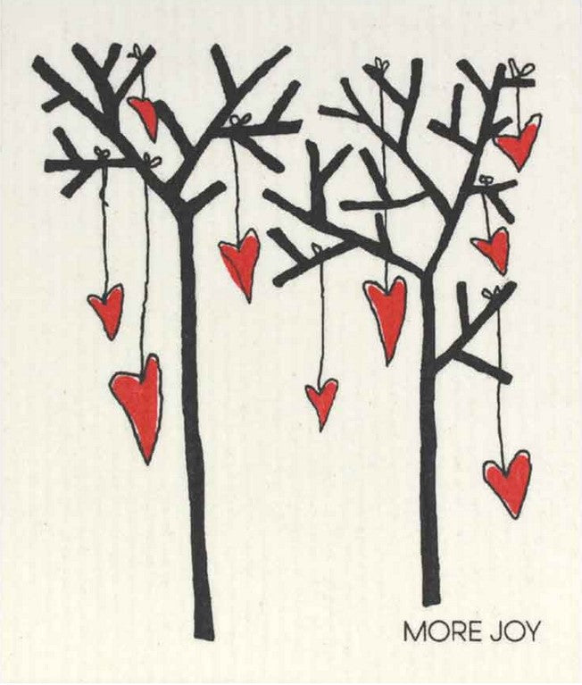 Compostable eco sponge cloth made of cellulose and featuring a delightful rendering of red hearts hanging from two black stick trees, replaces paper towel by absorbing 20x its weight in liquid. Size 20 x 17 cm