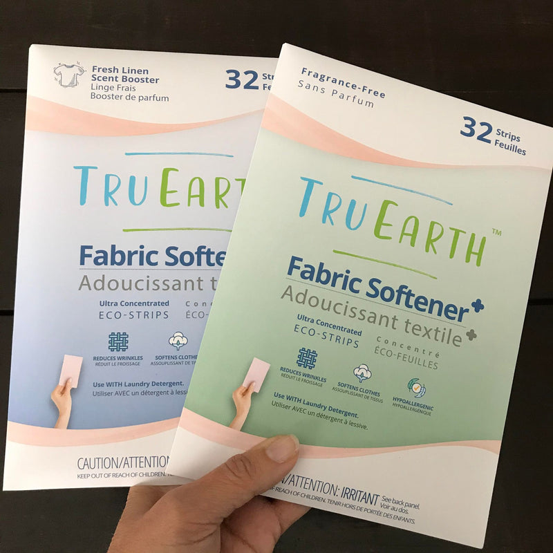 Tru Earth Fabric Softener Eco-Strips are phosphate-free, chlorine bleach-free, and readily biodegradable and come in either fresh linen scent booster or unscented 32 strip plastic-free recyclable cardboard packaging. 