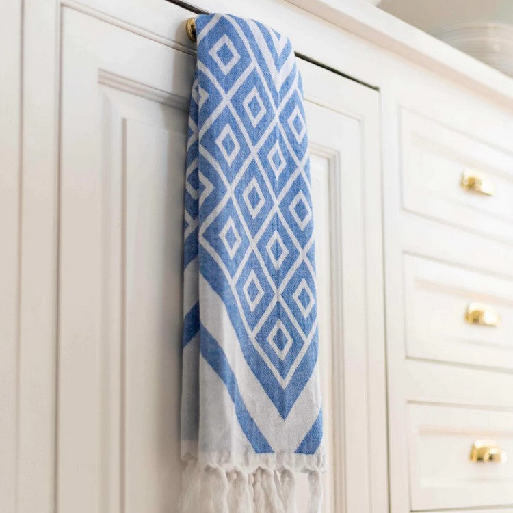 Turkish Cotton Hand Towel - Geo Diamond Blue and White