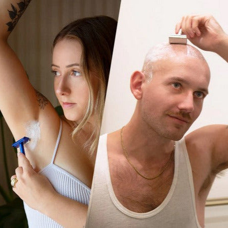 Man and woman shaving with Henson AL13 razors, showcasing unisex use for head and body shaving with zero-waste safety razors.