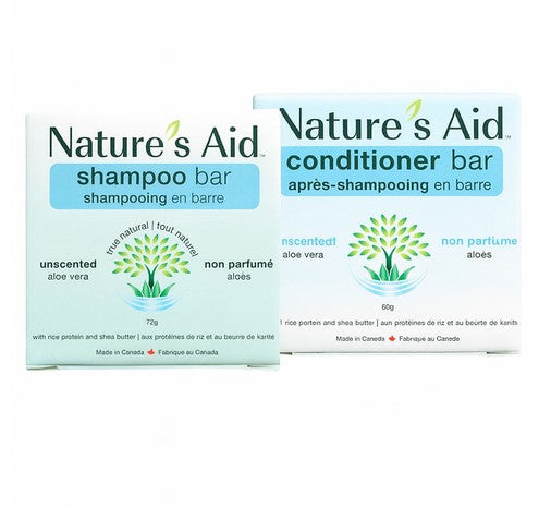 Nature's Aid Unscented Shampoo and Conditioner Bar Set with Aloe Vera and Shea Butter – Canadian-made, plastic-free, vegan hair care for sensitive scalps.