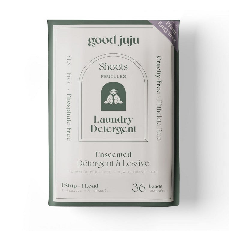 Canadian made Good Juju unscented 36 load laundry detergent sheets in compostable packaging