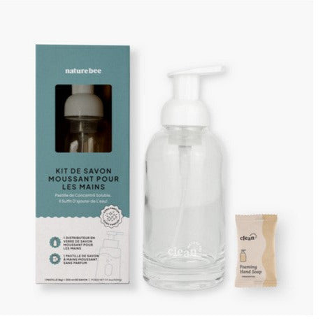 Nature Bee Unscented Foaming Hand Soap Kit with fragrance-free dissolvable tablet, reusable glass pump bottle, and eco-conscious minimalist packaging.