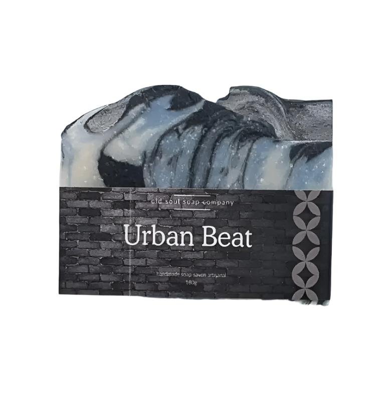 black white and blue artisan top handcrafted fragrance 180 g soap with a photo label of dark bricks with Urban Beat written in white. The soap is on a white background.