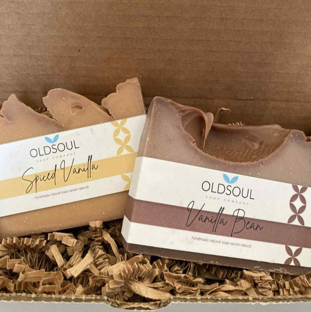 Vanilla Soap Gift Box featuring Spiced Vanilla and Vanilla Bean artisan soaps by Old Soul Soap Company, handcrafted in Canada with natural ingredients