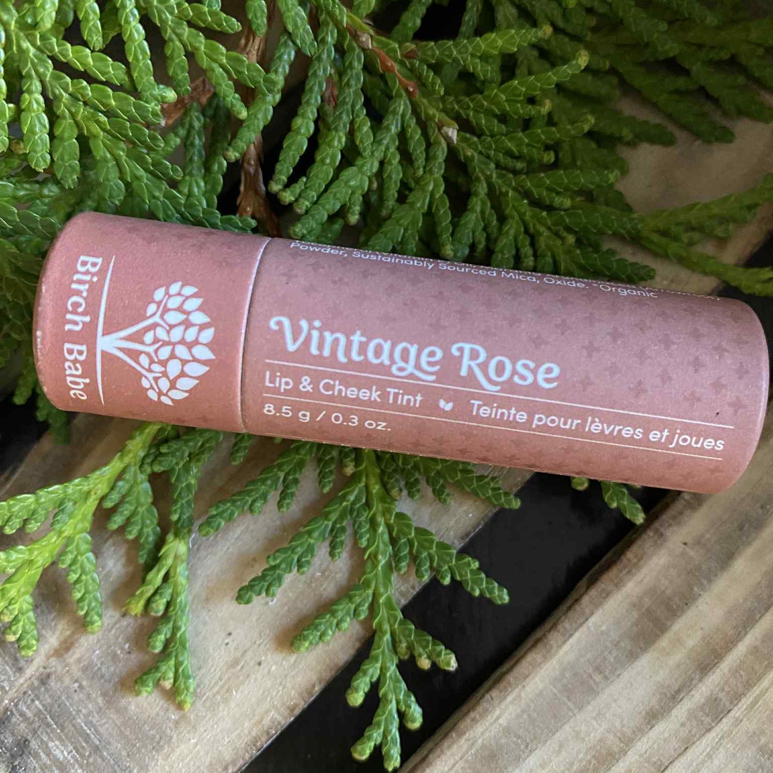 Birch Babe Vintage Rose Lip and Cheek Tint in eco-friendly cardboard tube – Canadian-made natural makeup, plastic-free and sustainable beauty product