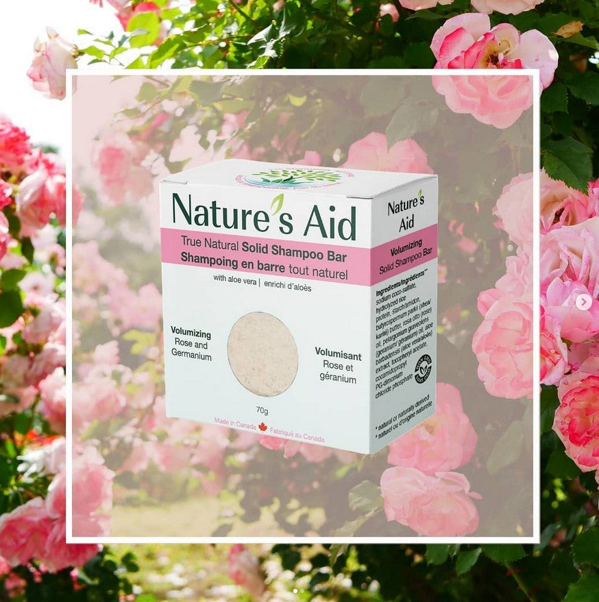 This Volumizing Rose and geranium from Nature’s Aid stimulates the scalp, strengthens roots and encourages growth for fuller looking hair. This Canadian made 72 g. solid shampoo bar offers all the benefits of a liquid shampoo without the plastic packaging.