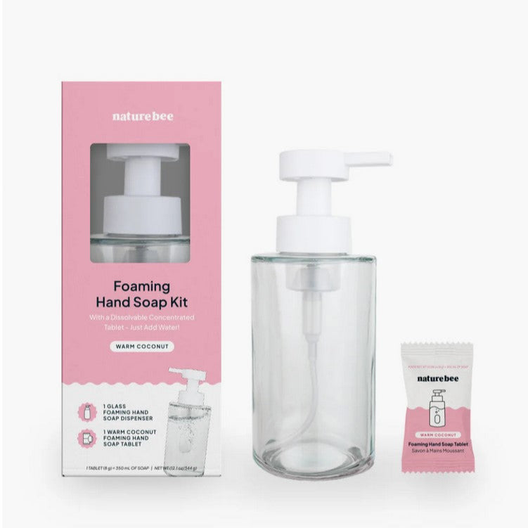 Turn your handwashing routine into a tropical escape with Nature Bee’s Warm Coconut Foaming Hand Soap Kit—featuring a reusable glass bottle and a cozy coconut-vanilla tablet.