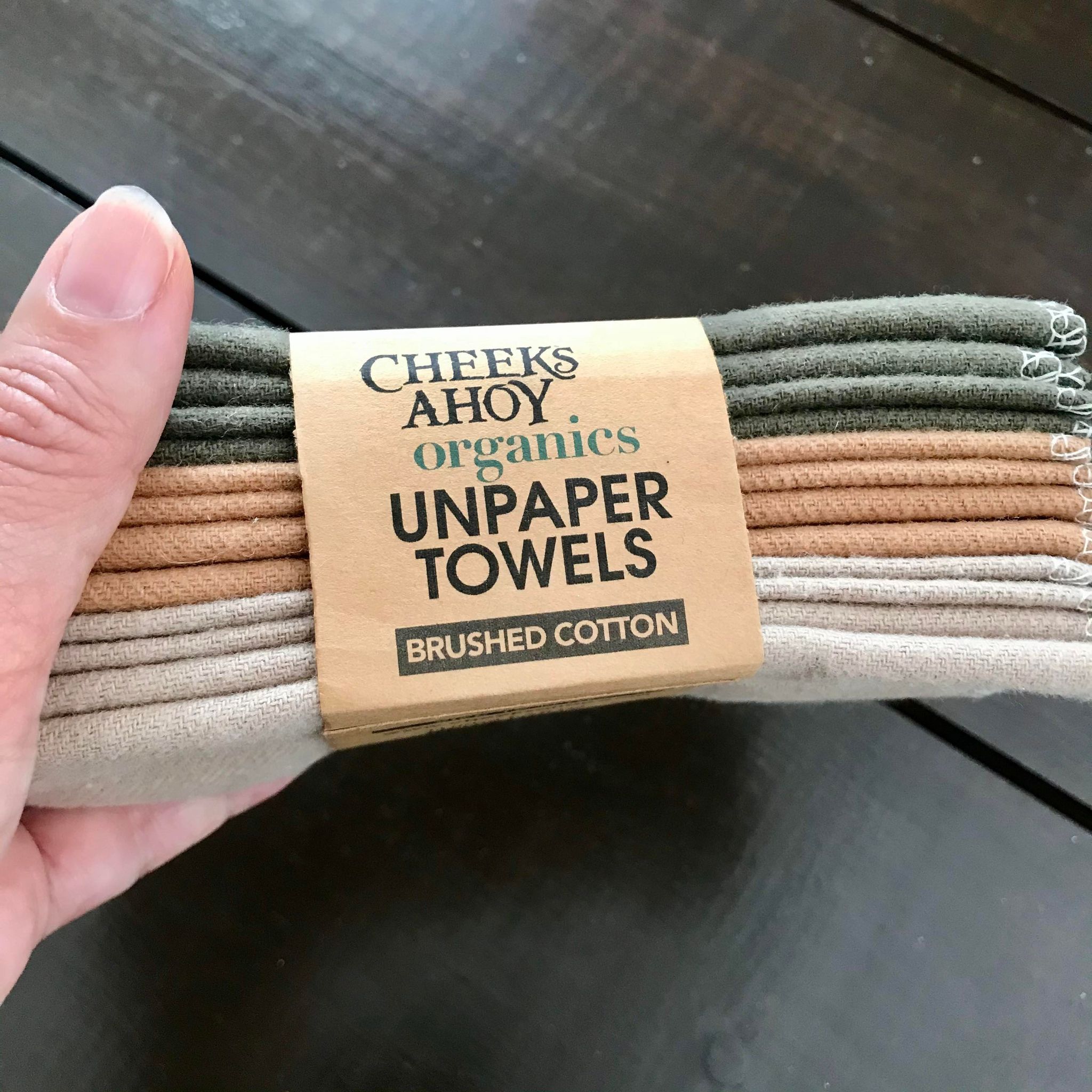 Set of 8 single ply organic brushed cotton Unpaper Towels in warm neutral olive tones handmade in Canada by Cheeks Ahoy replace paper towels and napkins, wash and reuse again and again