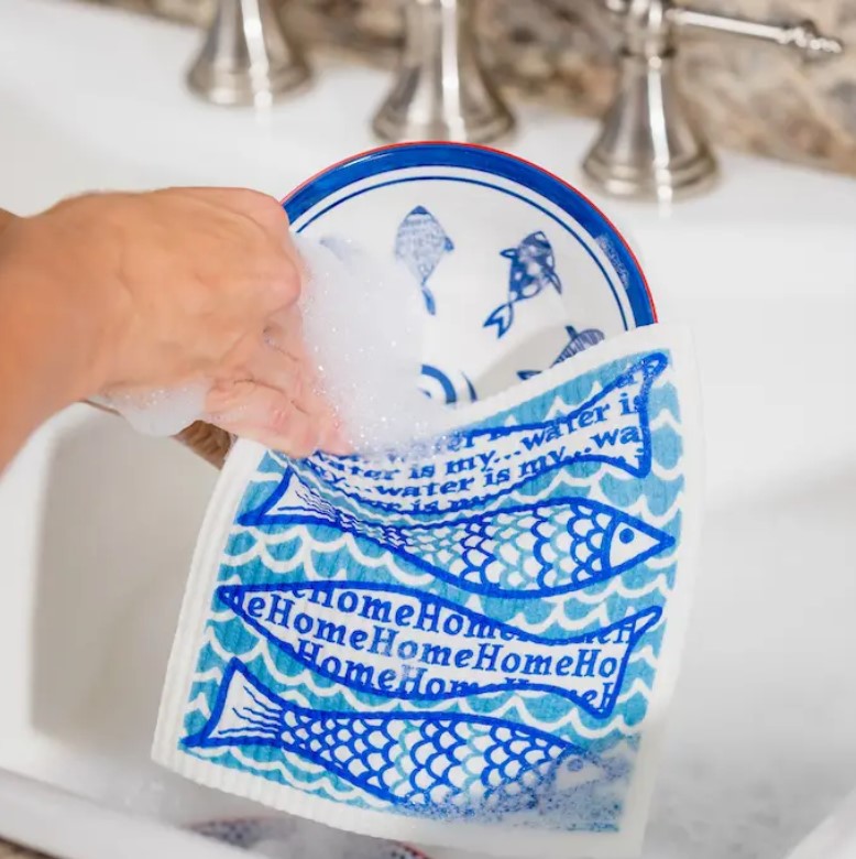 Using Water is My Home Swedish Dishcloth by Wet-it to Wash Dishes - Eco-Friendly Reusable Sponge Cloth in Kitchen Sink