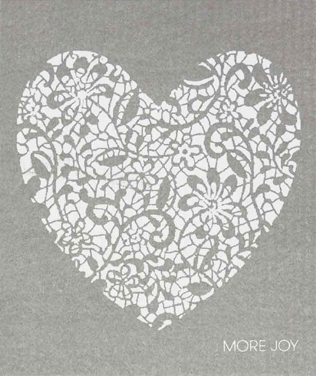 Compostable eco sponge cloth made of cellulose and featuring a stunning grey backdrop with a wedding lace motif in the shape of a heart, replaces paper towel by absorbing 20x its weight in liquid. Size 20 x 17 cm