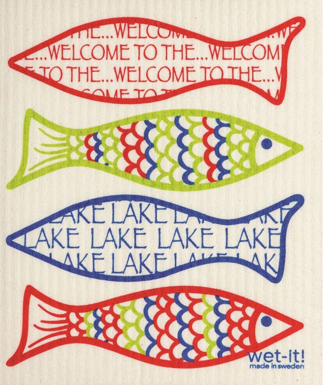 Welcome to the Lake Swedish dishcloth by Wet-it! featuring colourful red, blue, and green fish with lake-themed text design, reusable and eco-friendly
