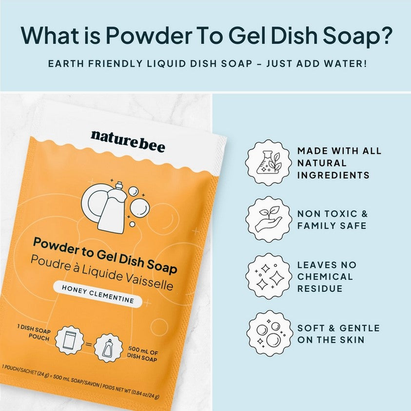 What is honey clementine powder to gel dish soap? Earth friendly liquid dish soap that you just add water too.  It is made with all natural ingredients, is non-toxic and family safe, leaves no chemical residue and is soft and gentle on the skin.