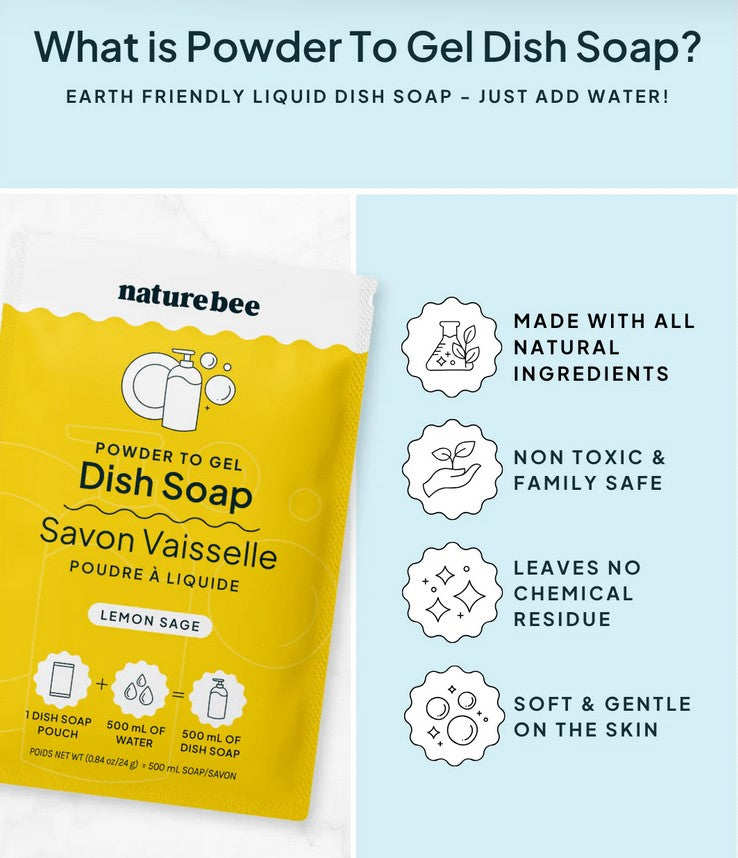 Nature Bee Lemon Sage Powder to Gel Dish Soap made with natural ingredients non-toxic family safe formula