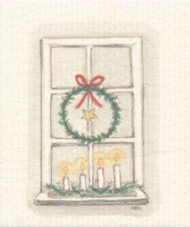 Compostable eco sponge cloth made of cellulose and featuring a rendering of a traditional holiday window display with wreath and candles replaces paper towel by absorbing 20x its weight in liquid. Size 20 x 17 cm