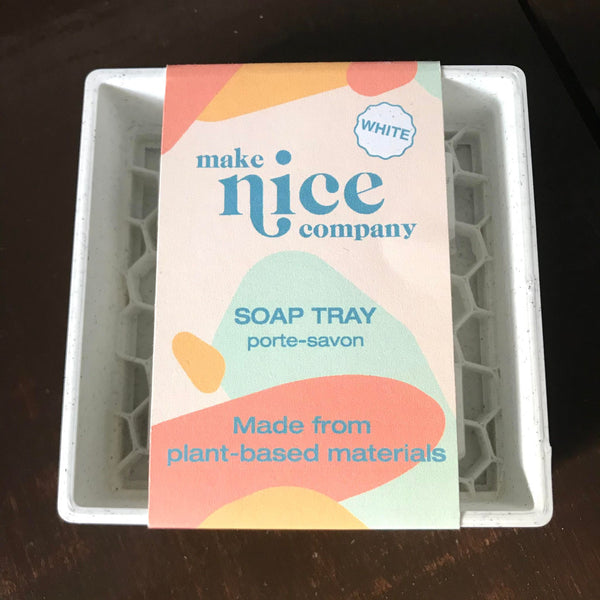 Square white 3D printed dish soap bar tray made in Canada by the Make Nice Company from plant-based materials
