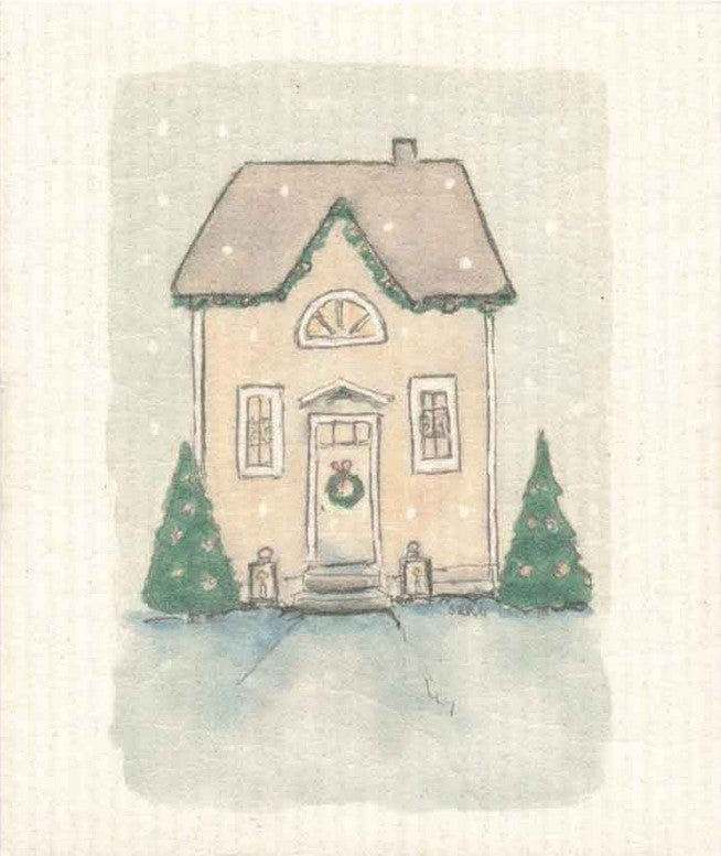 Compostable eco sponge cloth made of cellulose highlighted by a delightful traditional rendering of a house at the Yuletide replaces paper towel by absorbing 20x its weight in liquid. Size 20 x 17 cm