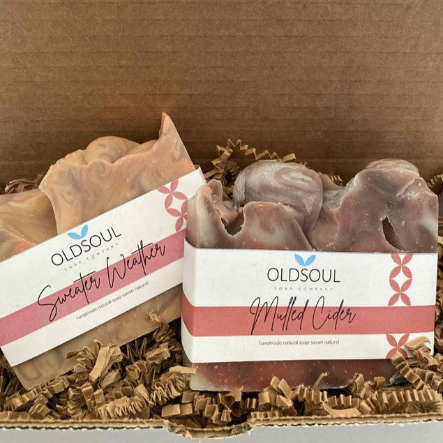 Winter Soap Gift Box with Sweater Weather and Mulled Cider artisan bar soaps by Old Soul Soap Company in eco-friendly packaging