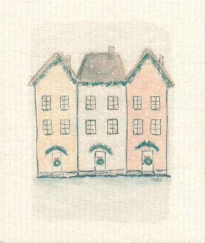 Compostable dish cloth made from cellulose and cotton and features a warm and nostalgia-laden artistic rendering of a row house at Christmastime replaces paper towels as they absorb 20x their weight. Size 20 x 17 cm.