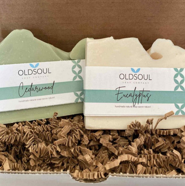 Winter White & Green Soap Gift Box featuring Old Soul Soap Company Cedarwood and Eucalyptus artisan soaps in eco-friendly packaging