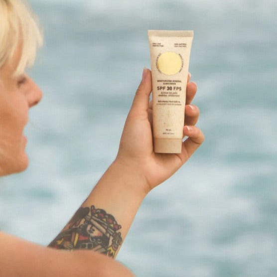 Moisturizing 30 SPF mineral sunscreen from Tanit Botanics in a 90 ml compostable tube is made in Canada with mineral filters, precious organic oils and natural butters to protect and moisturize the skin safely, without any harm to marine life 