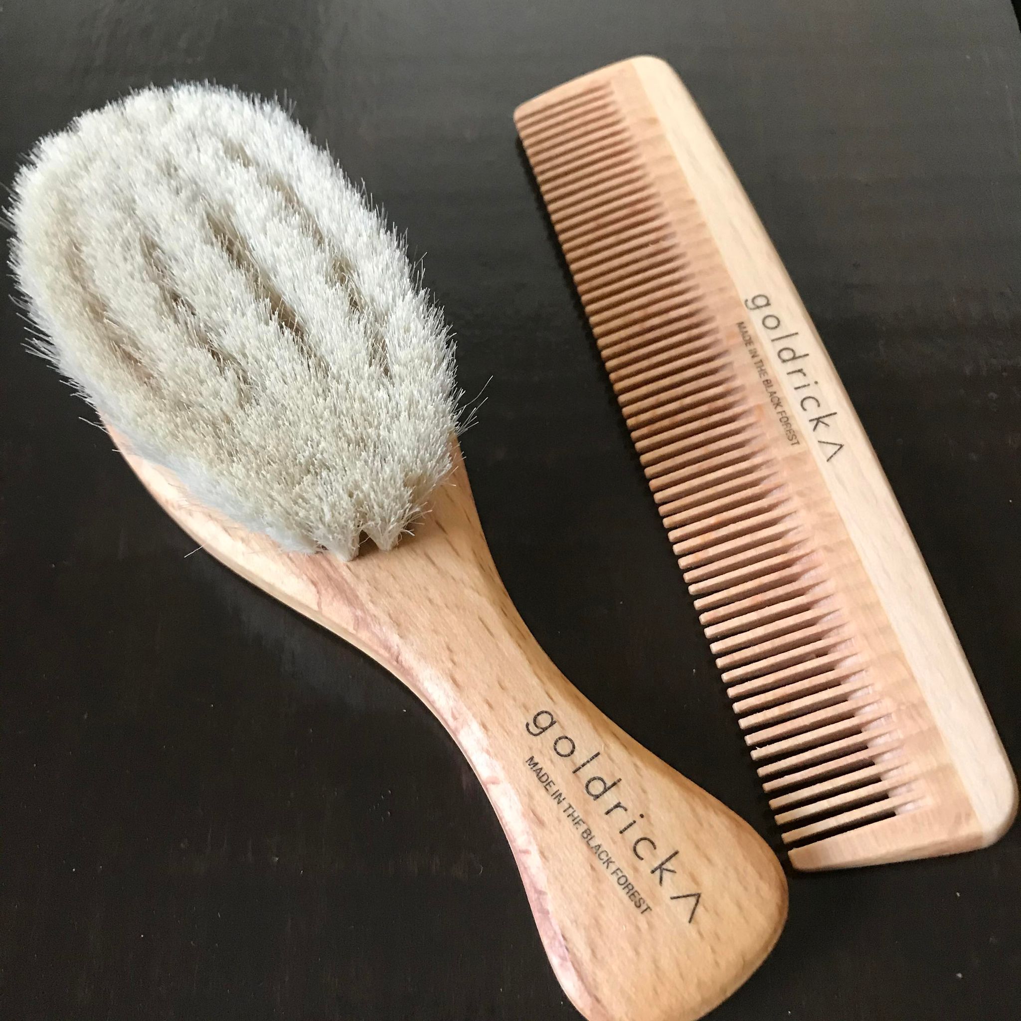 Goldrick Natural Living baby brush set with soft hairbrush and wooden comb handcrafted in a small family owned brushworks in the Black Forest, Germany 