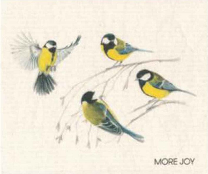 Compostable eco sponge cloth made of cellulose and featuring a delightful artist's rendering of yellow chickadees, replaces paper towel by absorbing 20x its weight in liquid. Size 20 x 17 cm