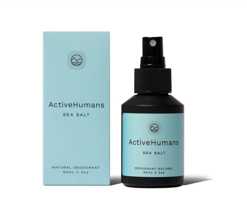This Canadian made Active Humans sea salt natural vegan  60 ml spray deodorant comes in a glass bottle and in a box