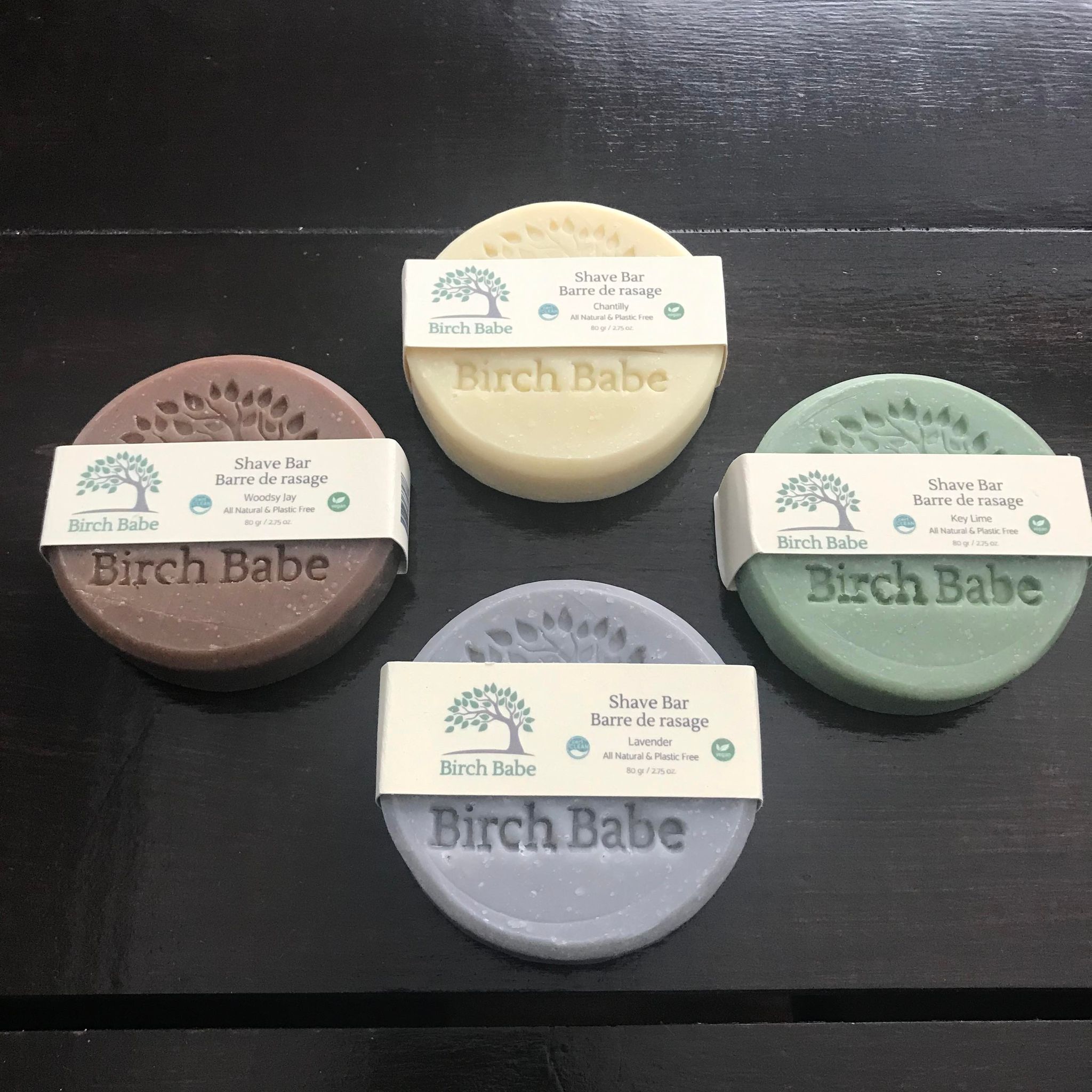 Essential oil round natural shave bars in four scents made in Canada by Birch Babe