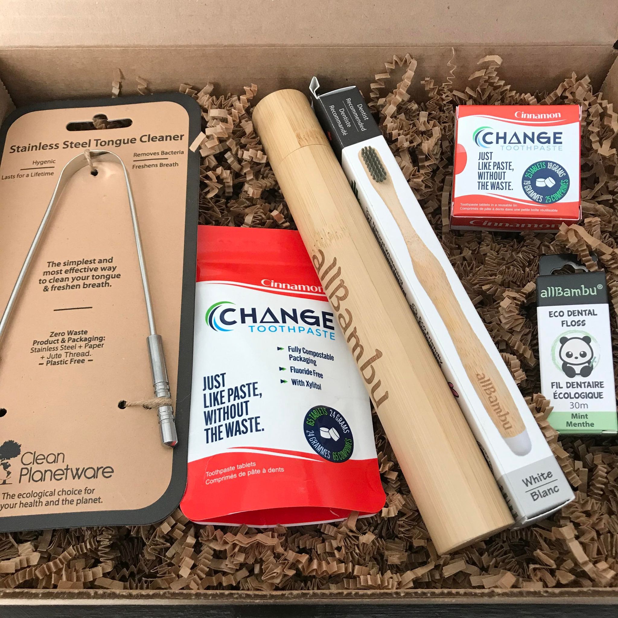 plastic free dental care kit in a gift box that includes a stainless steel tongue cleaner, cinnamon change toothpaste travel tin and one month supply, a bamboo toothbrush and carrying case and eco dental floss in a glass tube