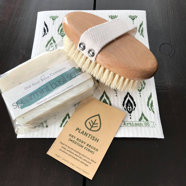 medium firm wood dry body bush, spearmint basil scrub soap and artisan 85 swedish cloth self care gift set