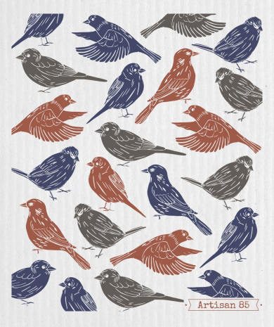 assorted birds in blue grey and terra cotta on white artisan 85 swedish cloth