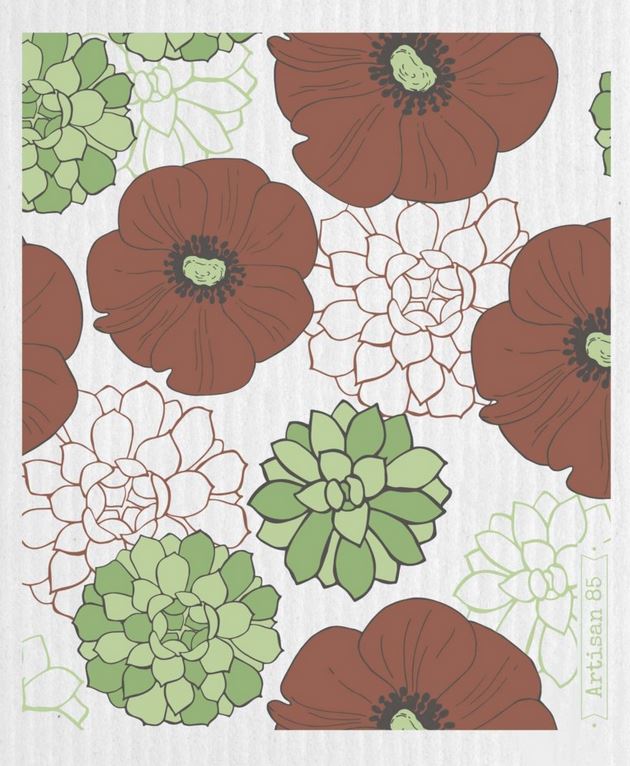 green succulents and brownish red poppies artisan 85 swedish cloth