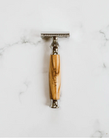 sustainable chrome safety razor with olive wood handle