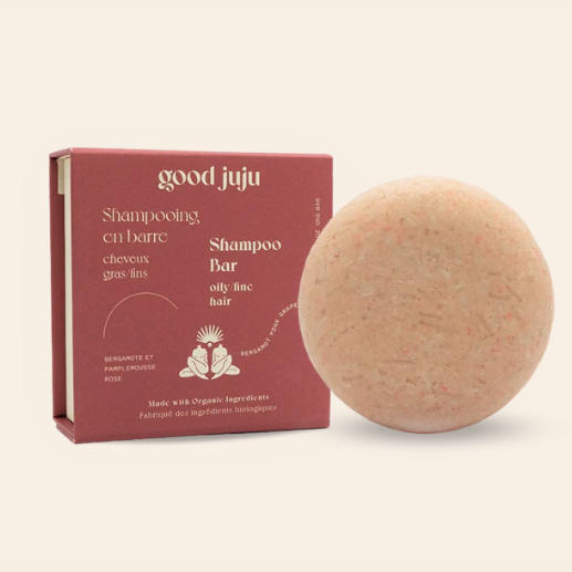Bergamot and grapefruit scented shampoo bar for fine oily hair in a zero waste box made in Canada by good juju