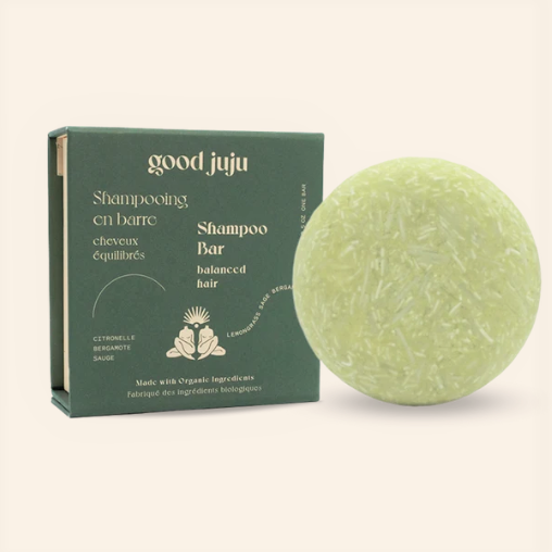 Lemongrass sage and bergamot scented shampoo bar for normal balanced hair in a zero waste box made in Canada by good juju