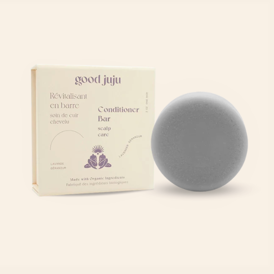 Lavender geranium scented conditioner bar for itchy or irritated scalp in a zero waste box made in Canada by good juju