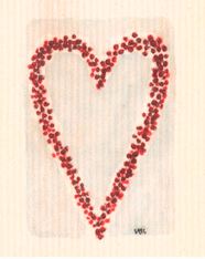 more joy swedish dish cloth 20 x17 cm with a heart made of red berries on a cream coloured backgroundound