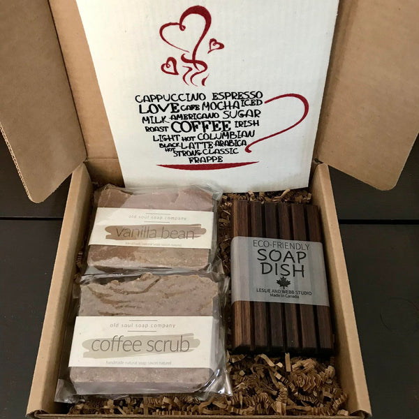 sustainable coffee lover gift box featuring a coffee themed Swedish cloth as well as Canadian made coffee scrub and vanilla bean soaps and a handcrafted black walnut soap dish