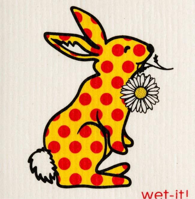 red polka dots on yellow bunny wet it cloth made in sweden