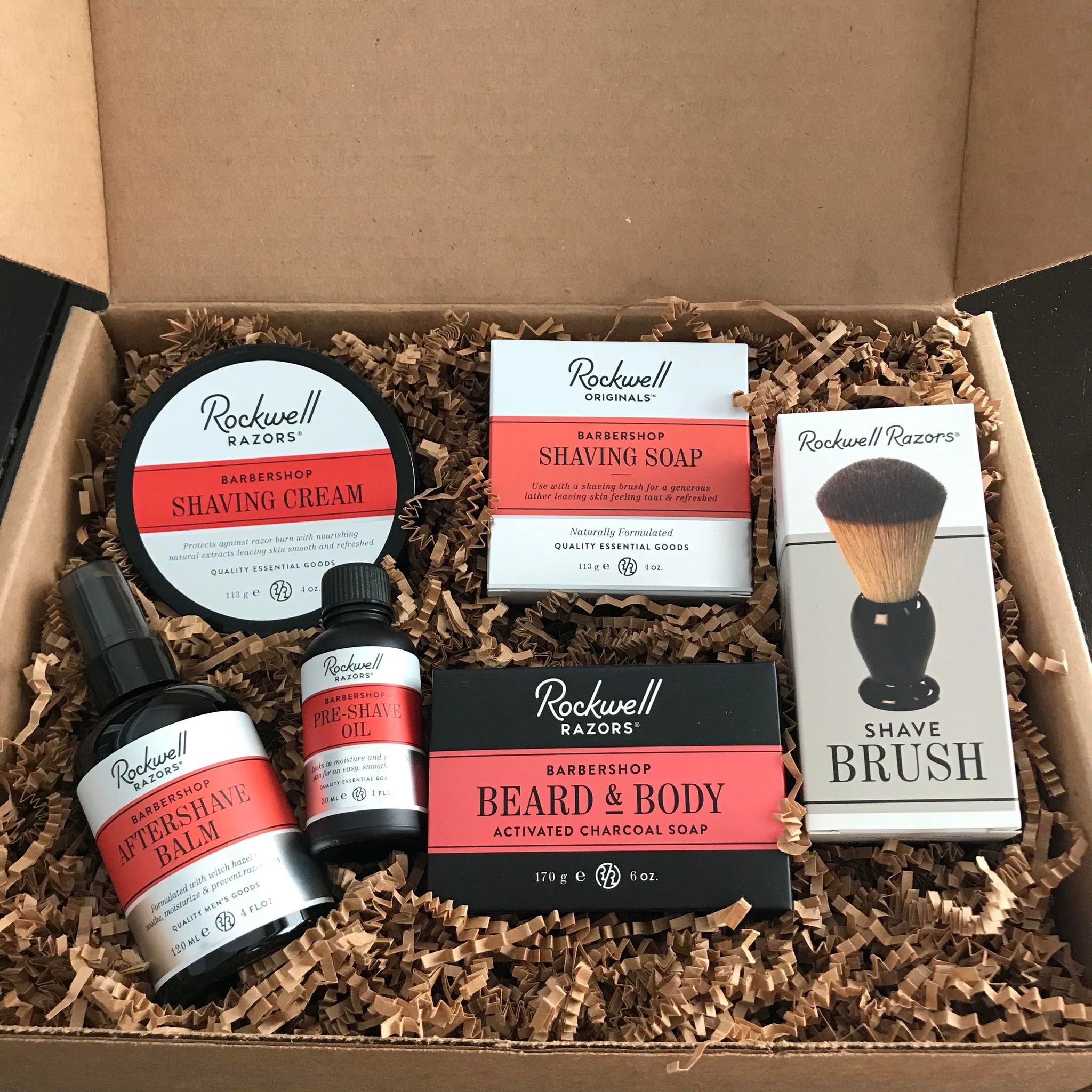 This Rockwell Shave Gift Set features six best selling Rockwell Razor shaving products -  Beard & Body Activated Charcoal Soap, Shaving Soap, Pre-Shave Oil, Shave Cream, Shave Brush and Aftershave Balm.