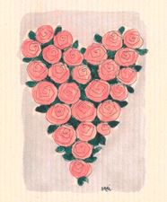 more joy swedish dish cloth 20 x17 cm with pink roses and green leaves in a heart shape on a cream background