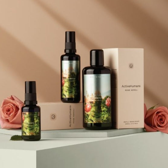 Rose Neroli spray deodorants in mini 30 ml, regular 60 ml and 200 ml refill bottle made with 100% pure essential oils, is free from aluminum, baking soda, sulfates, phthalates and parabens