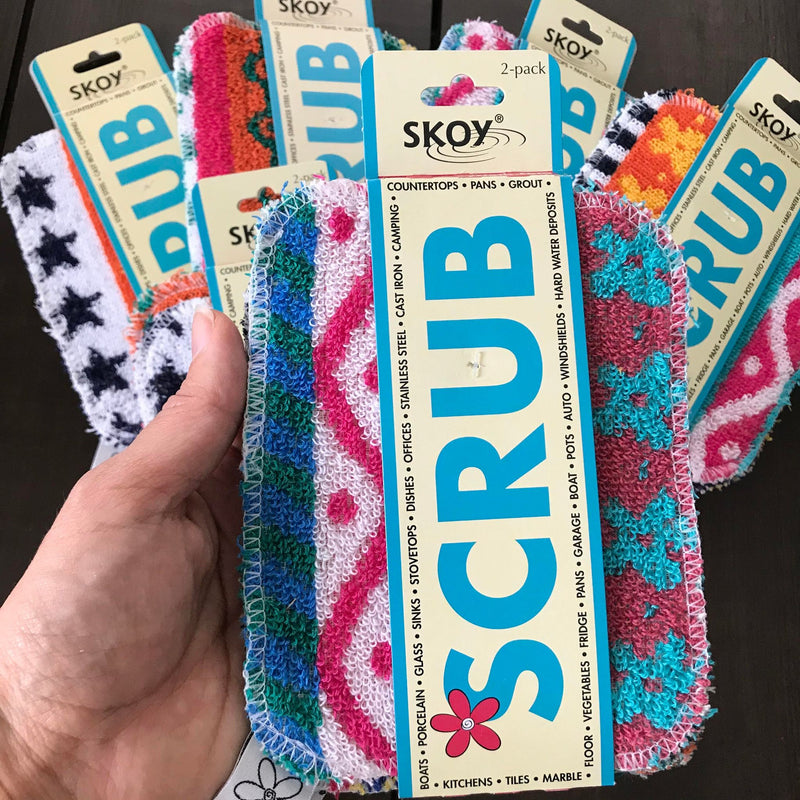 Skoy Scrub multi-purpose scrubber cloths in bright colorful patterns are sold in 2 packs 