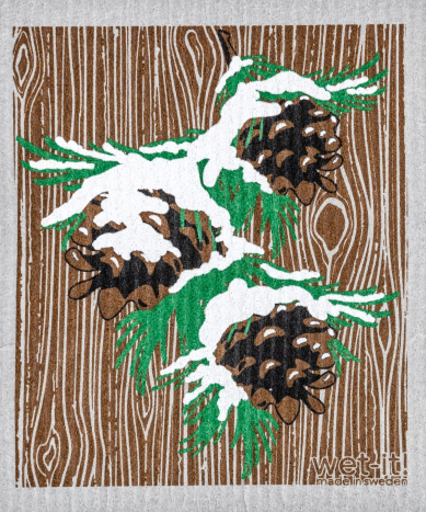 snowy pinecones on cedar on brown and grey  wet-it swedish cloth