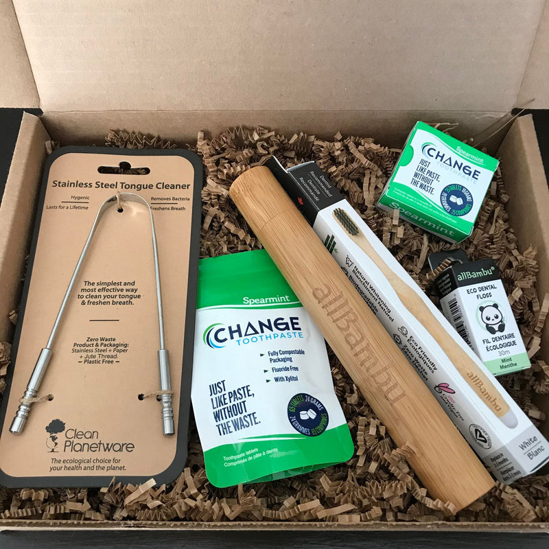 plastic free dental care kit in a gift box that includes a stainless steel tongue cleaner, spearmint change toothpaste travel tin and one month supply, a bamboo toothbrush and carrying case and eco dental floss in a glass tube