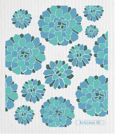 green and blue succulents on white artisan 85 swedish cloth