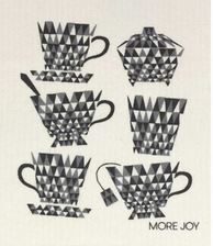 More Joy 20 x 17 cm Swedish cloth with four black, white and grey tea cups and milk and sugar bowl made up of triangle shapes on a white background