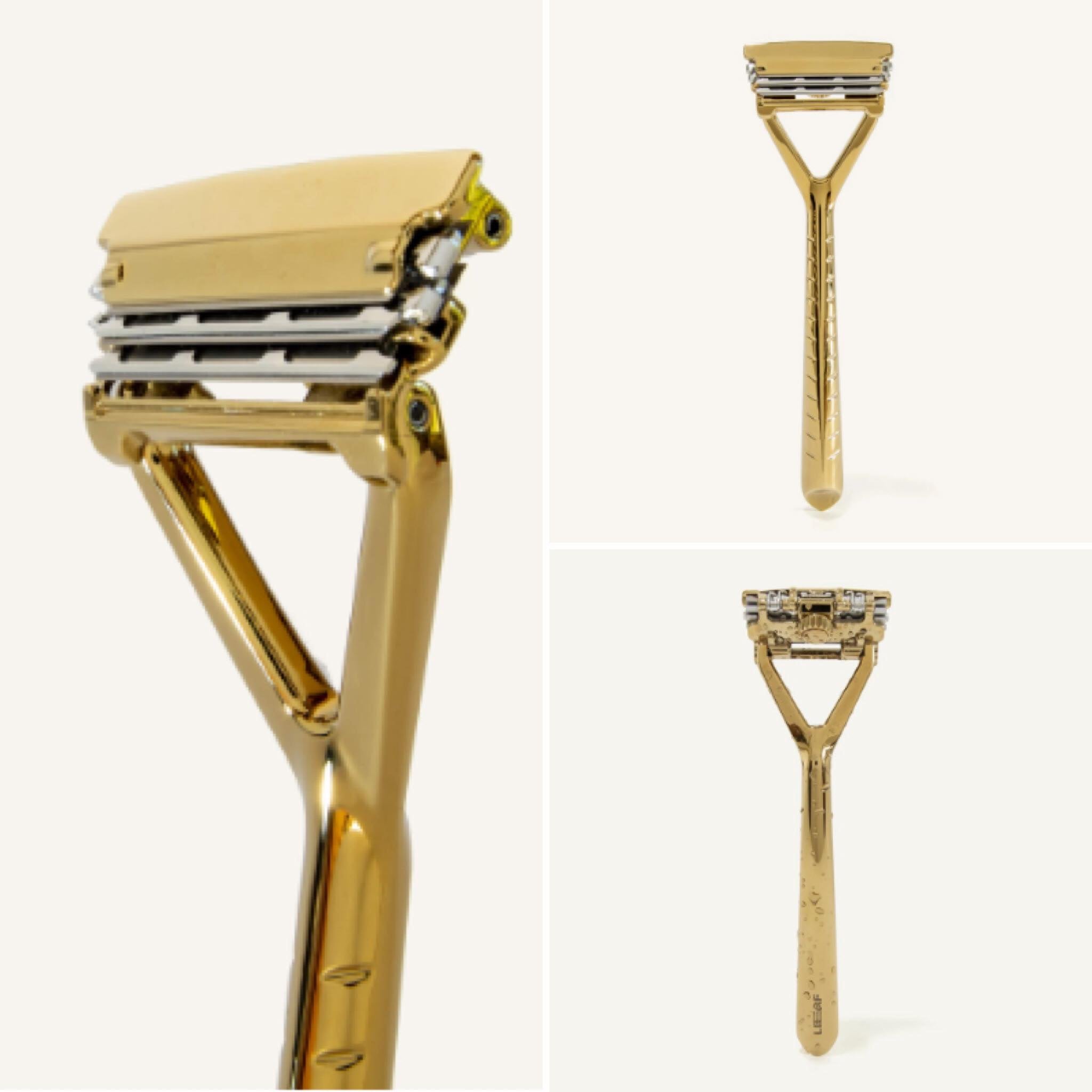 Leaf Razor with gold finish is a modern razor by Leaf Shave with a built-in pivoting heads and up to three blades for a better, more sustainable shave every time